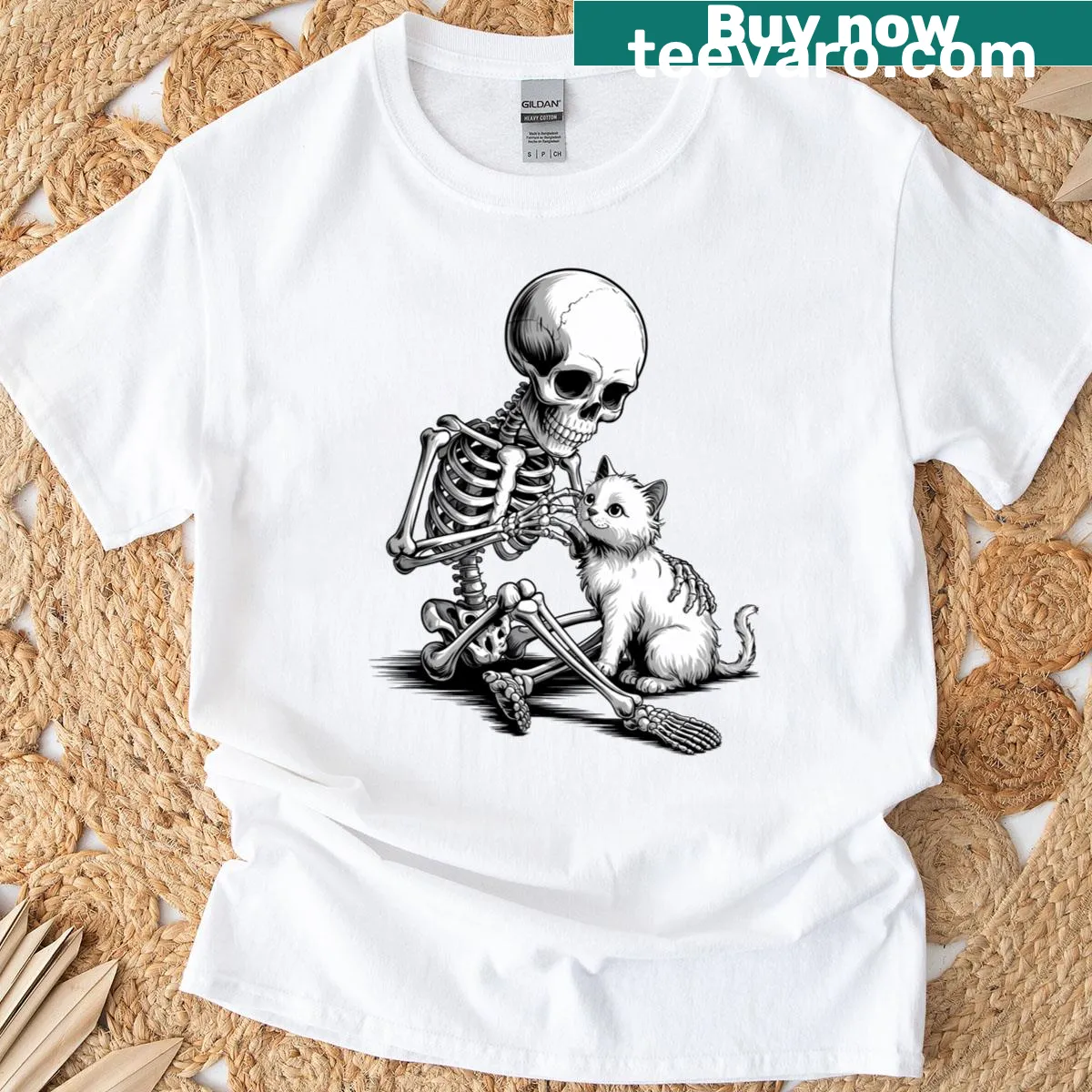 Vintage Halloween T-shirt featuring a skeleton hugging a cat — on a men's t-shirt