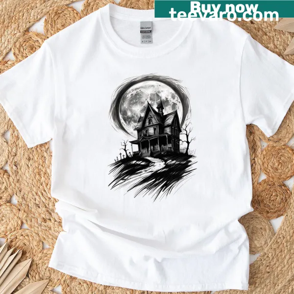 Haunting Halloween T-shirt featuring a creepy ghost house design