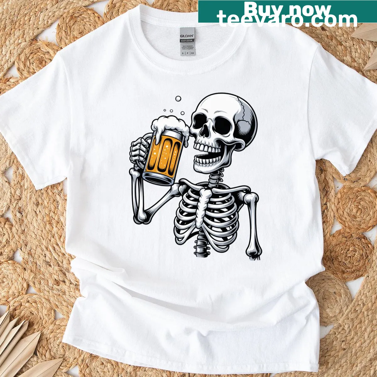 Funny Halloween shirt with a skeleton drinking beer graphic. — on a men's t-shirt