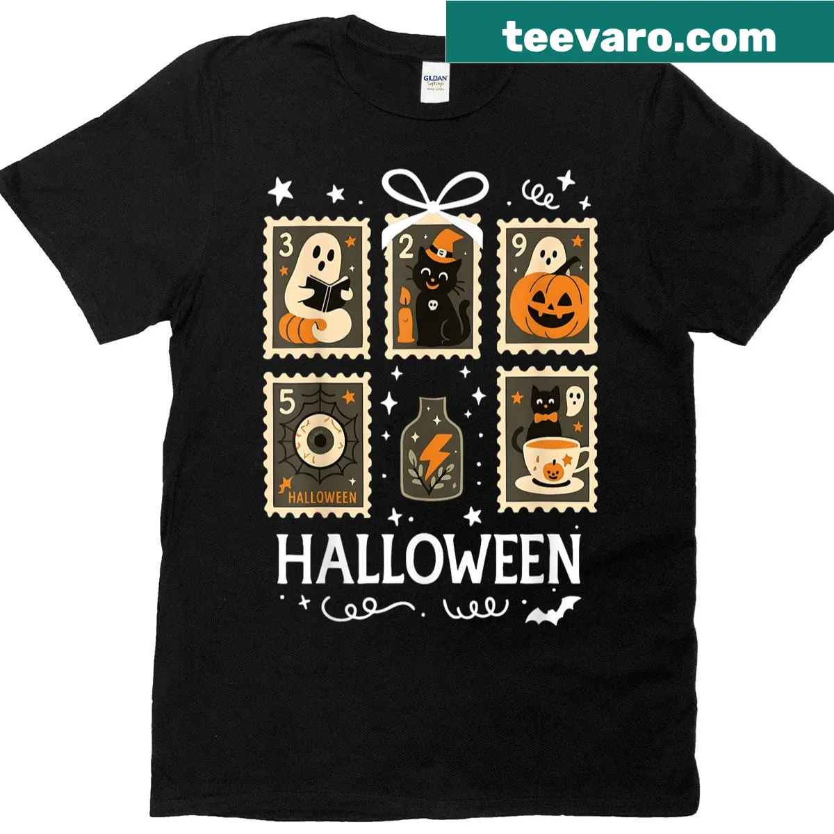 Cute Halloween shirt with a ghost and cat design — on a men's t-shirt