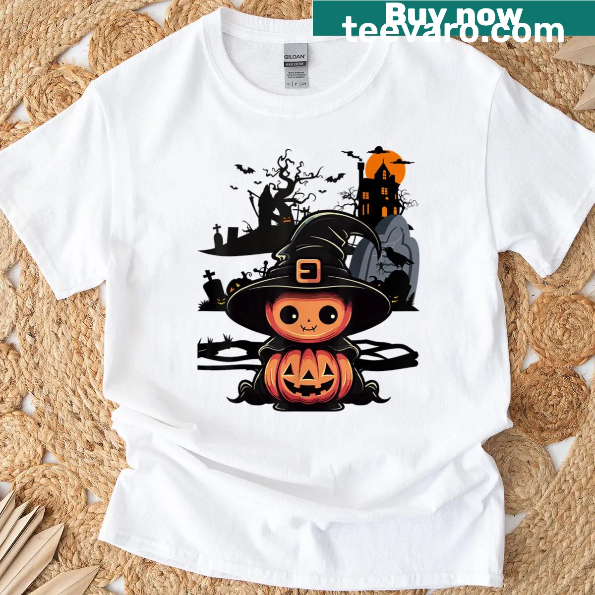 Cute cartoon witch graphic on a Halloween-themed t-shirt — on a men's t-shirt