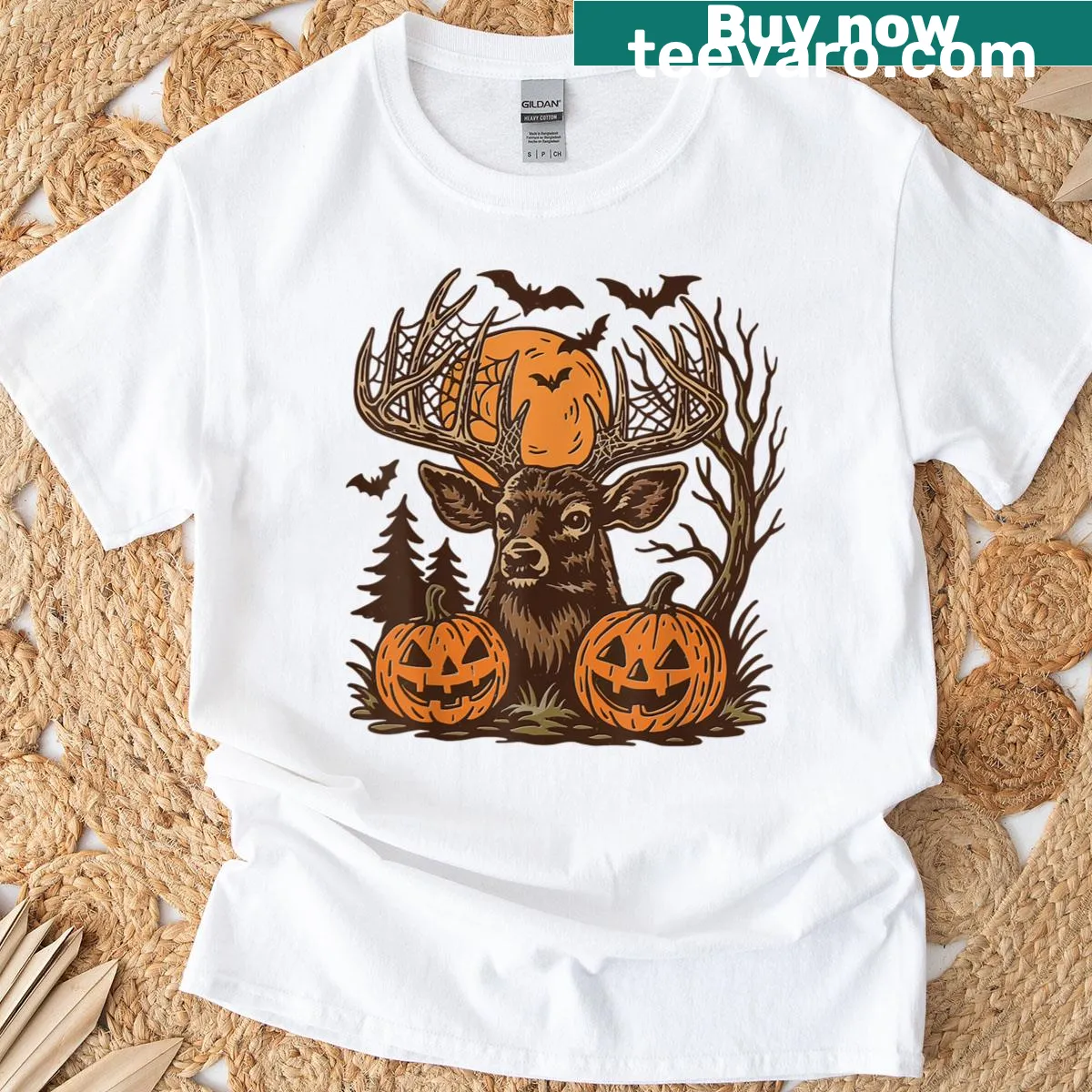 A deer with pumpkins and spooky forest graphics for Halloween — on a men's t-shirt