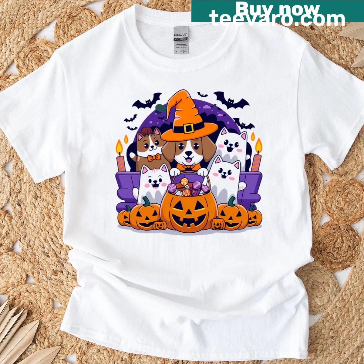 Funny Halloween shirt featuring a dog dressed as a ghost — on a men's t-shirt