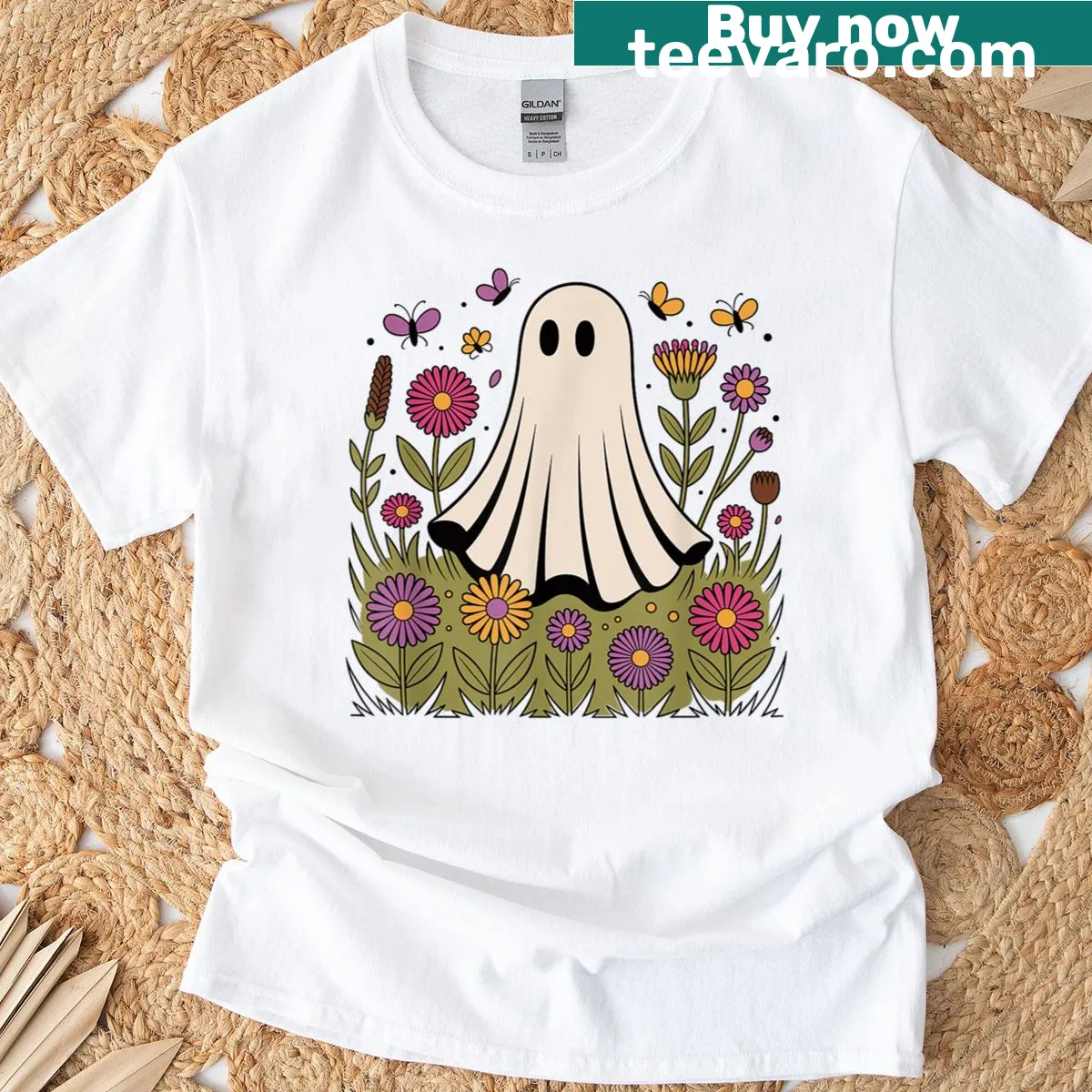 Retro Halloween t-shirt featuring a floral ghost design — on a men's t-shirt