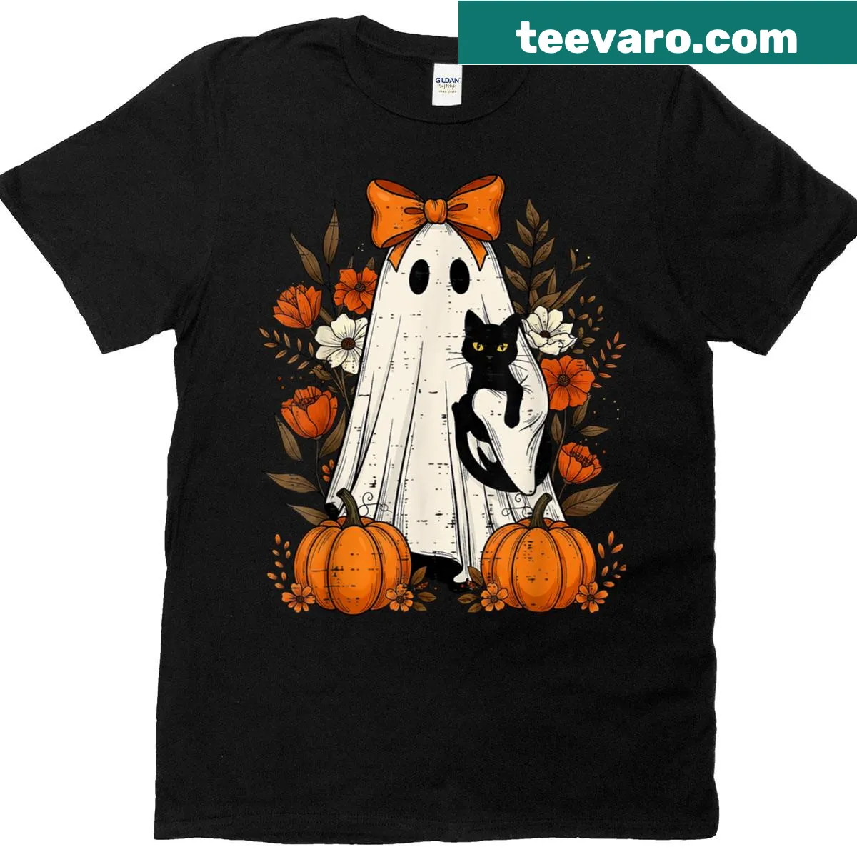 Illustration of a ghost holding a black cat on a Halloween T-shirt. — on a men's t-shirt