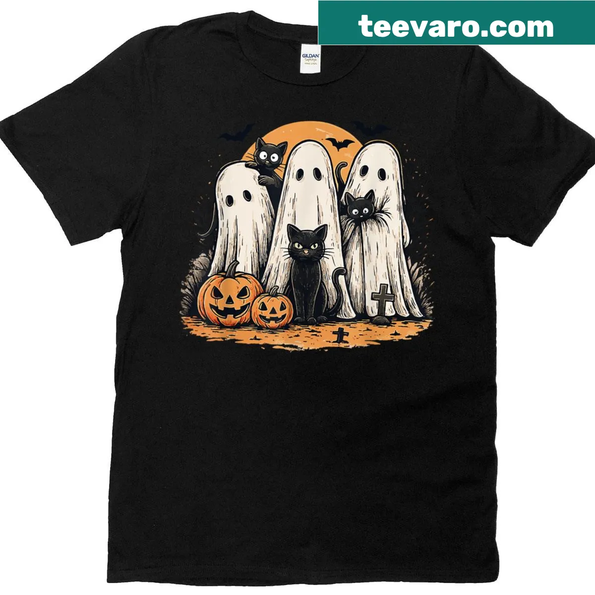 Adorable ghost and black cat graphic on women's Halloween t-shirt — on a men's t-shirt