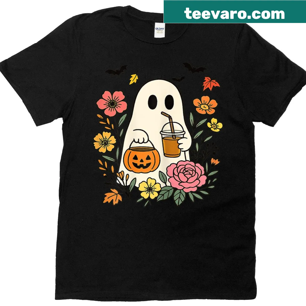 Charming ghost with coffee and flowers graphic on Halloween t-shirt — on a men's t-shirt