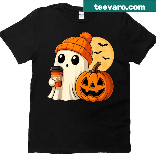 Fun Halloween t-shirt featuring a ghost with coffee and pumpkins
