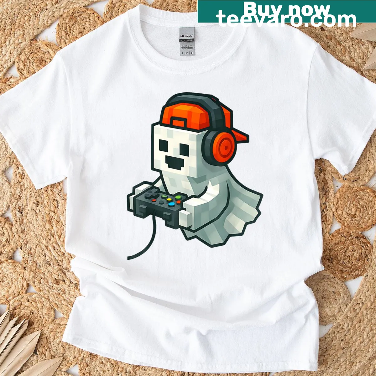 Funny pixel art ghost gamer t-shirt for Halloween — on a men's t-shirt