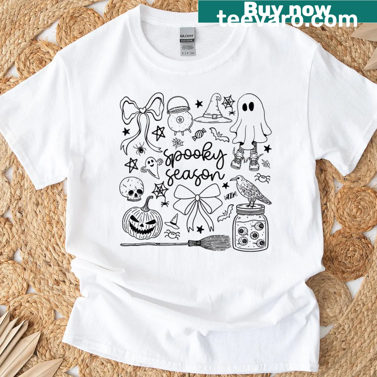 Playful Halloween ghost and pumpkin graphic — on a men's t-shirt