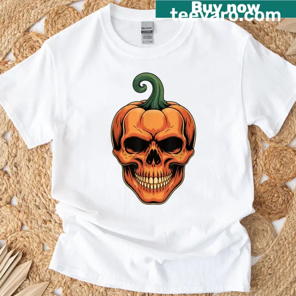 Graphic T-shirt featuring a spooky pumpkin with skull and skeleton design