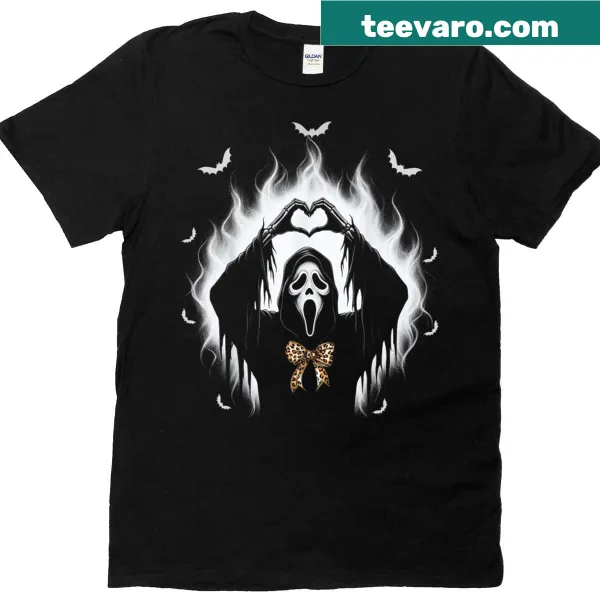 Cartoon ghost and leopard graphic on a Halloween T-shirt