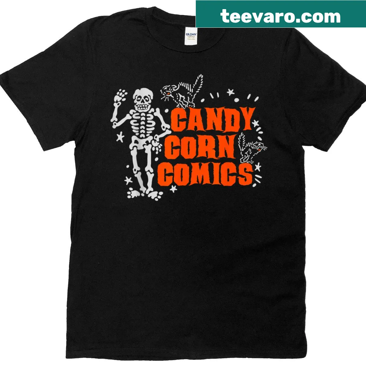 Cartoon skeletons with cats graphic on Halloween t-shirt — on a men's t-shirt