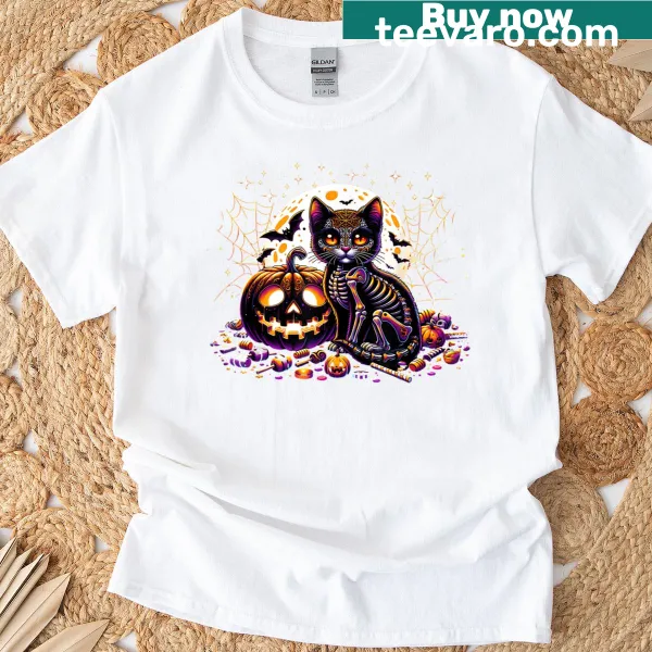 Cute Halloween shirt with a skeleton cat graphic for girls