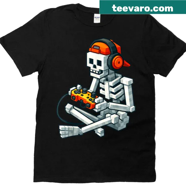 Halloween T-shirt featuring a pixel art skeleton gamer