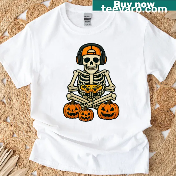 Cartoon skeleton gamer video gaming design on Halloween shirt