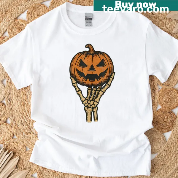 Skeleton hand and pumpkin design for a humorous Halloween T-shirt