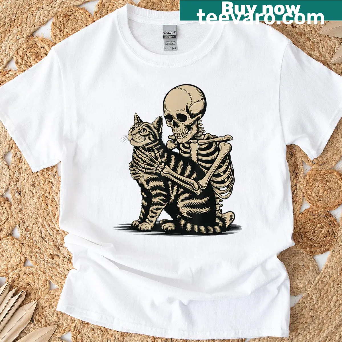 Halloween t-shirt featuring a skeleton hugging a cat design — on a men's t-shirt