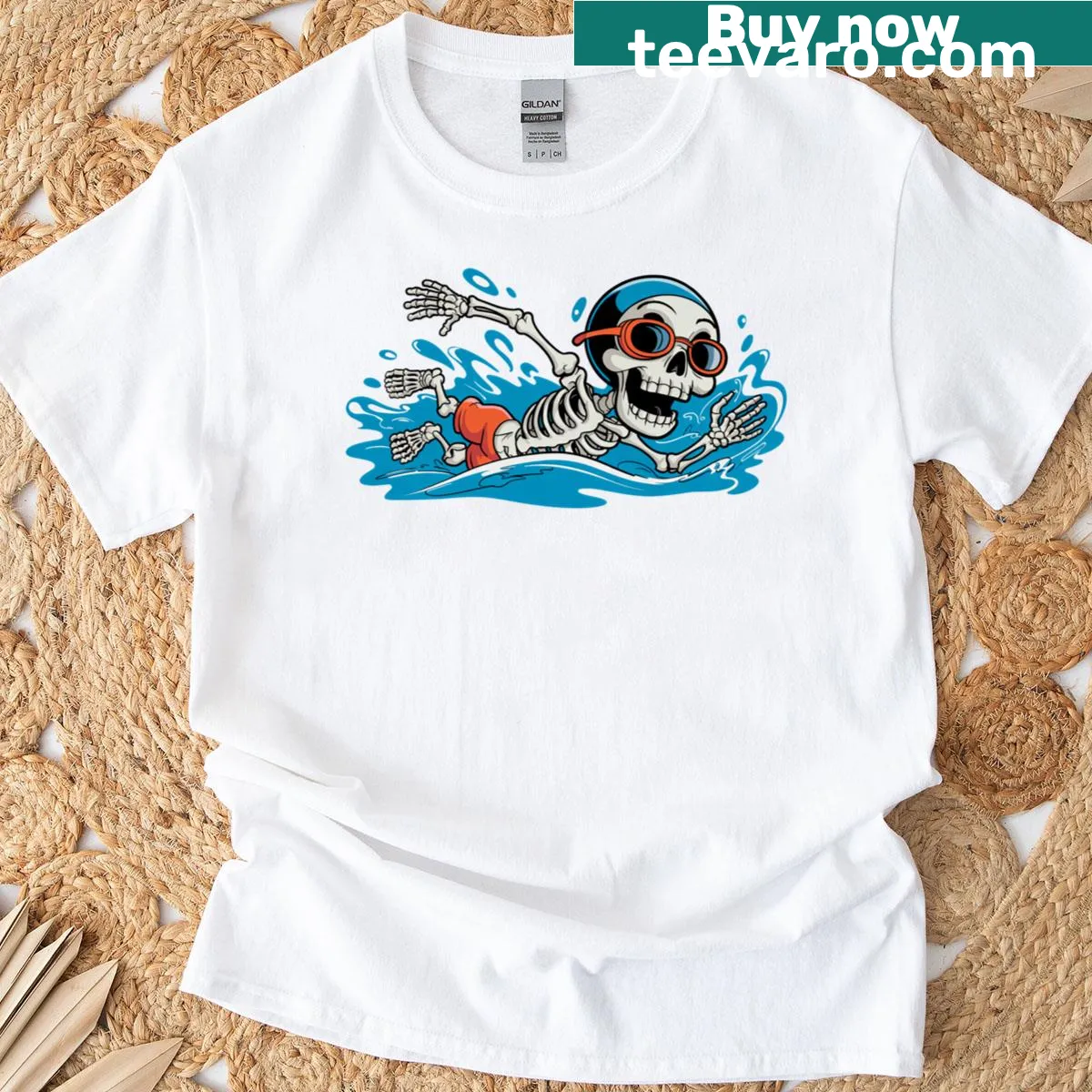 Skeleton swimming graphic for Halloween — on a men's t-shirt