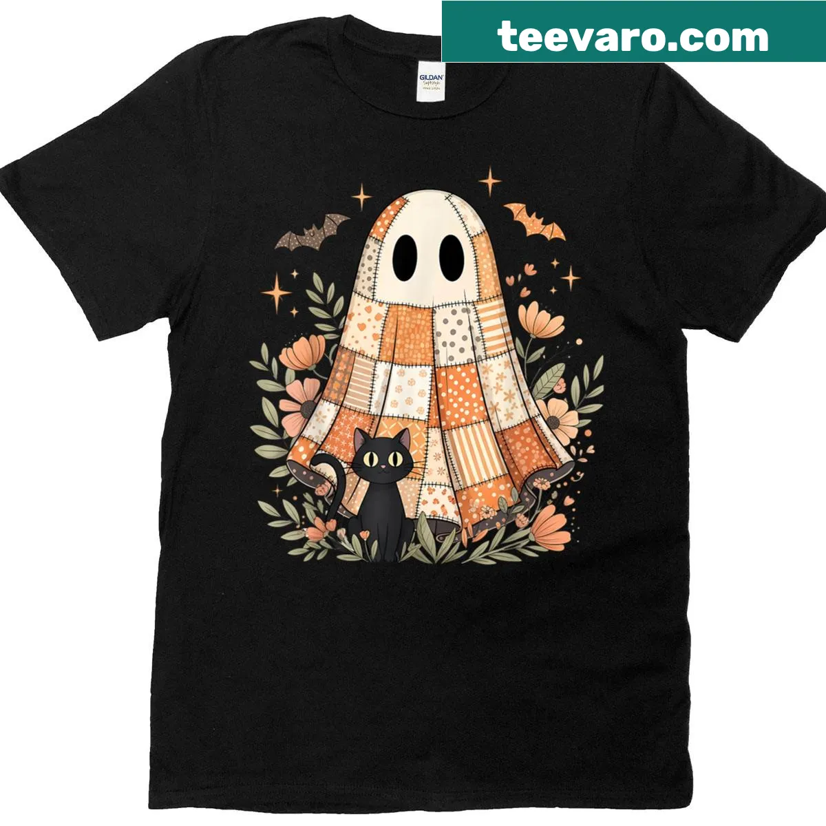 Patchwork design featuring a ghost and black cat with floral accents. — on a men's t-shirt