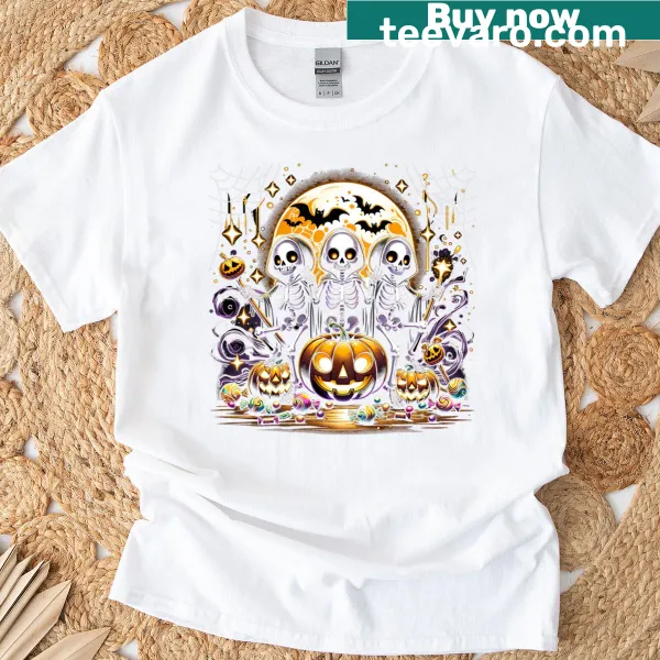 Whimsical Halloween T-shirt with skeletons and pumpkins