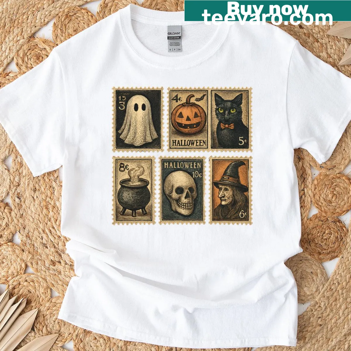 Vintage-style Halloween shirt with ghostly cat illustrations — on a men's t-shirt