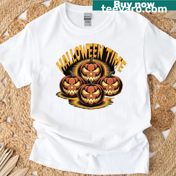 Cartoon evil pumpkins graphic on Halloween t-shirt
