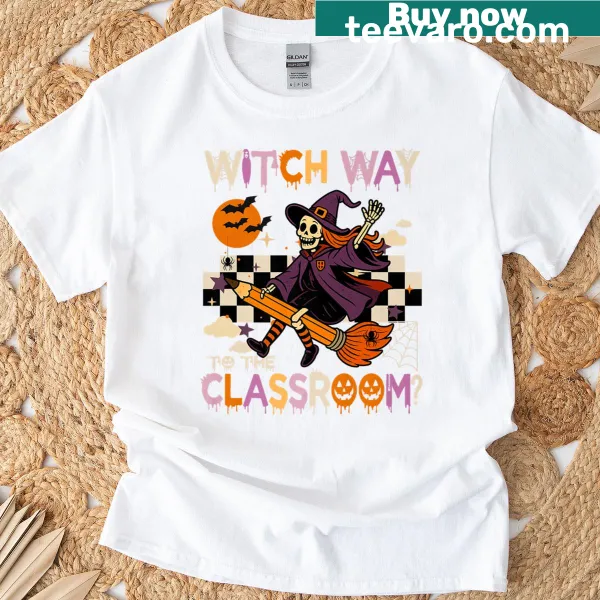 Skeleton teacher with pencil Halloween design T-shirt