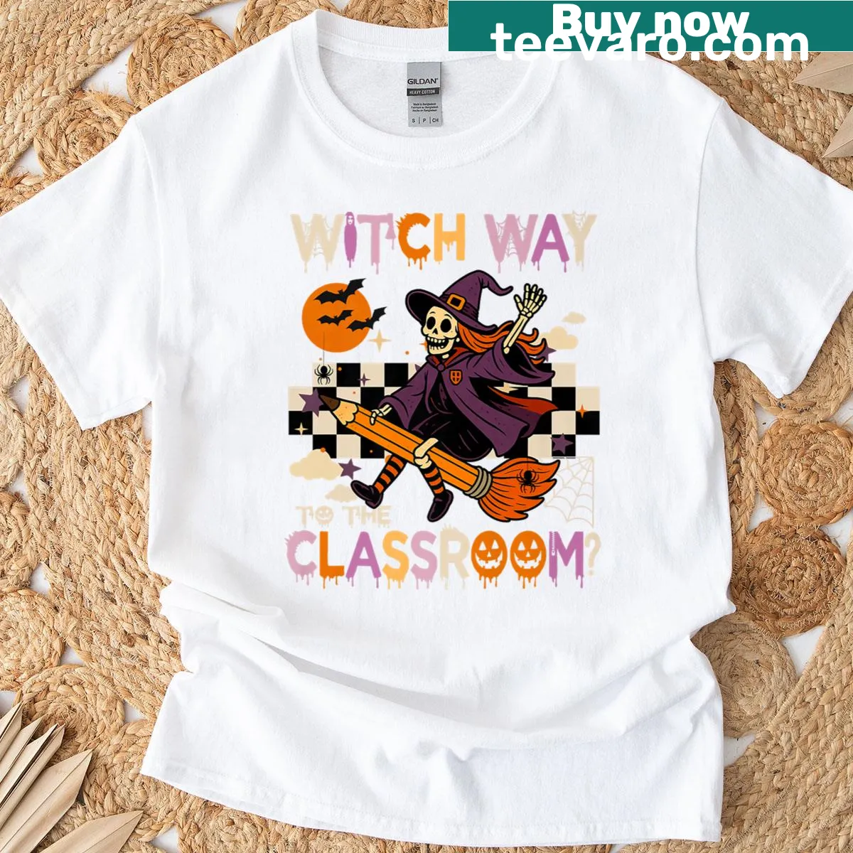 Skeleton teacher with pencil Halloween design T-shirt — on a men's t-shirt