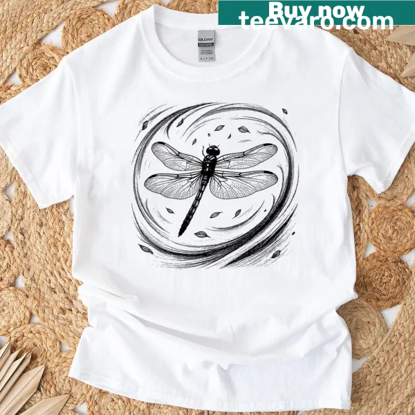 Hand-drawn dragonfly and leaves pencil sketch on a t-shirt