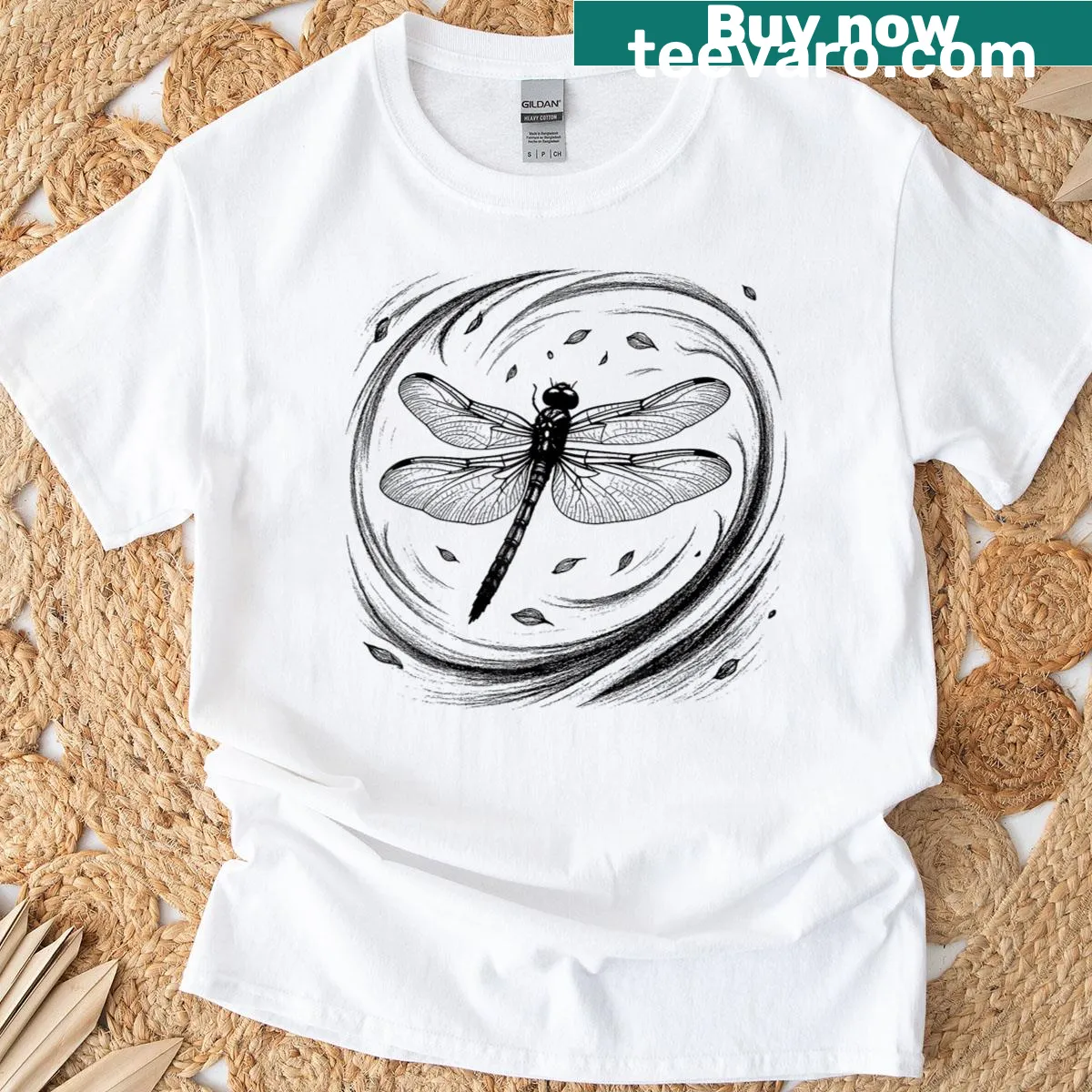 Hand-drawn dragonfly and leaves pencil sketch on a t-shirt — on a men's t-shirt