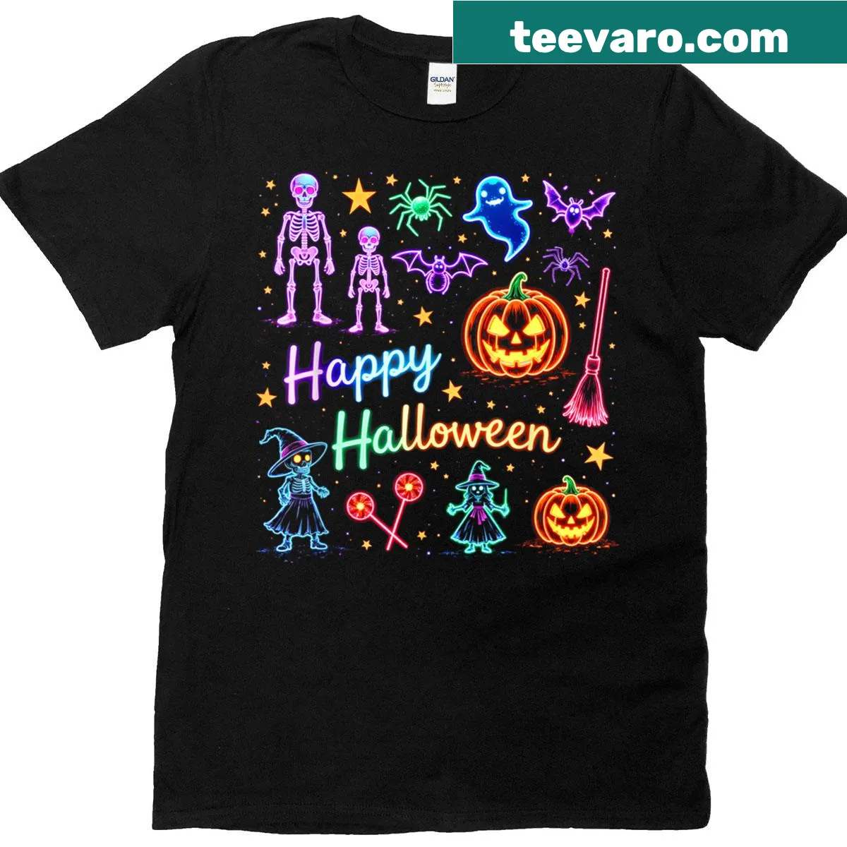 Happy Halloween shirt with skeleton, ghosts, pumpkins, and bats — on a men's t-shirt