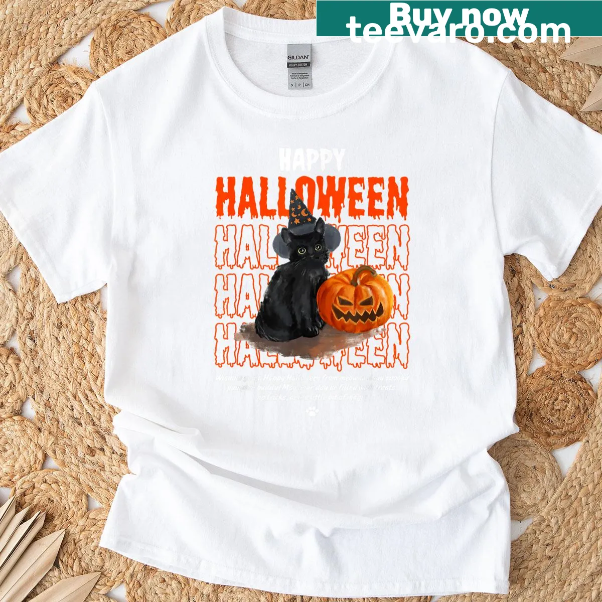Halloween-themed t-shirt with a black cat and pumpkin illustration — on a men's t-shirt