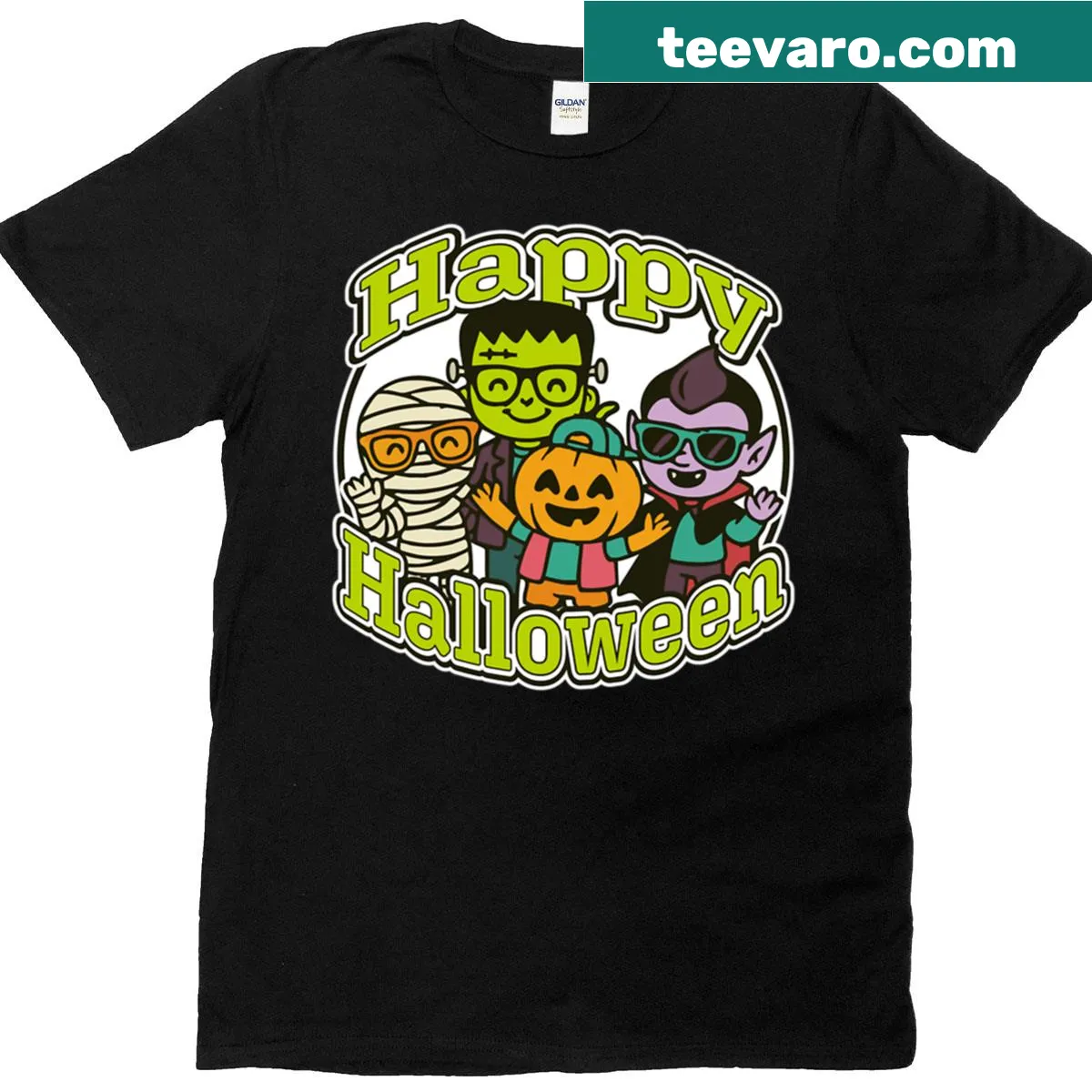 Funny Halloween shirt with playful monster squad illustration. — on a men's t-shirt