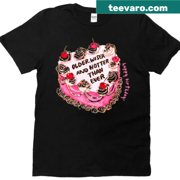Illustration of a heart-shaped cake on a birthday card t-shirt