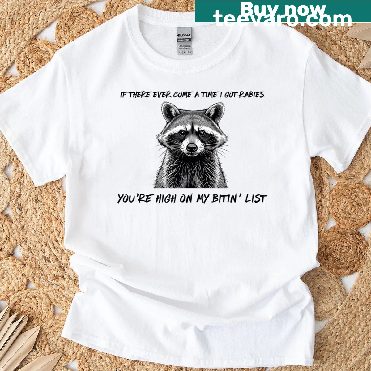 Funny raccoon graphic t-shirt with the phrase High On My Bitin List — on a men's t-shirt