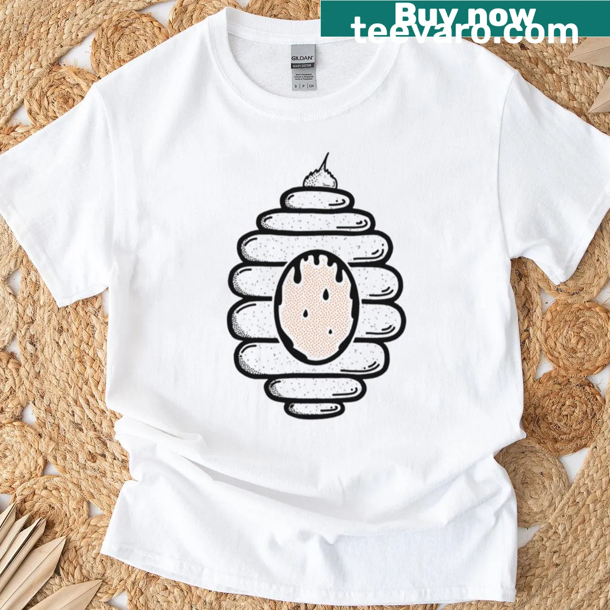 Bee hive graphic t-shirt with black outline design — on a men's t-shirt