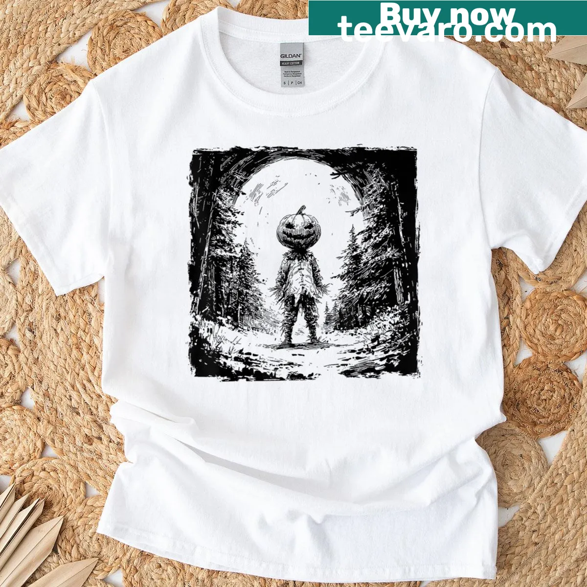 Halloween t-shirt featuring a spooky pumpkin and skeleton design — on a men's t-shirt