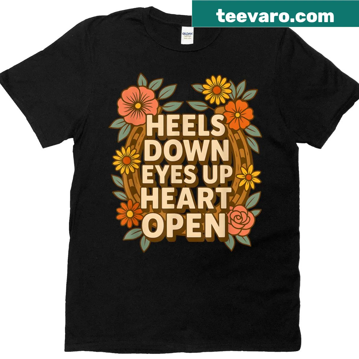 Floral horseshoe and horse riding design t-shirt for women — on a men's t-shirt