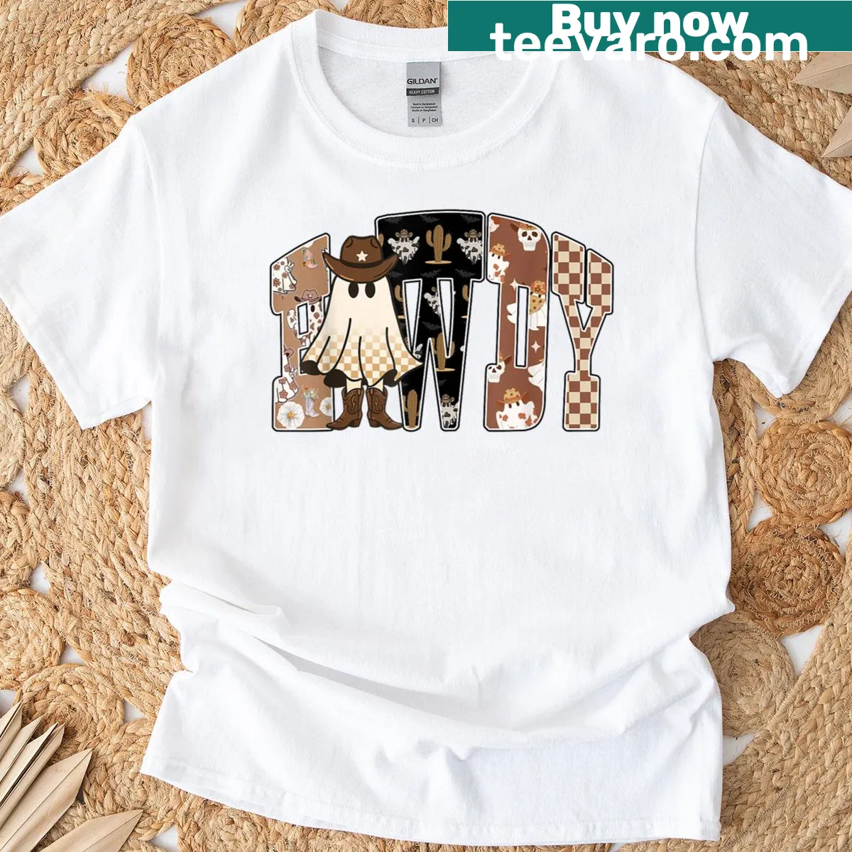 Western cowboy ghost-themed Halloween t-shirt — on a men's t-shirt