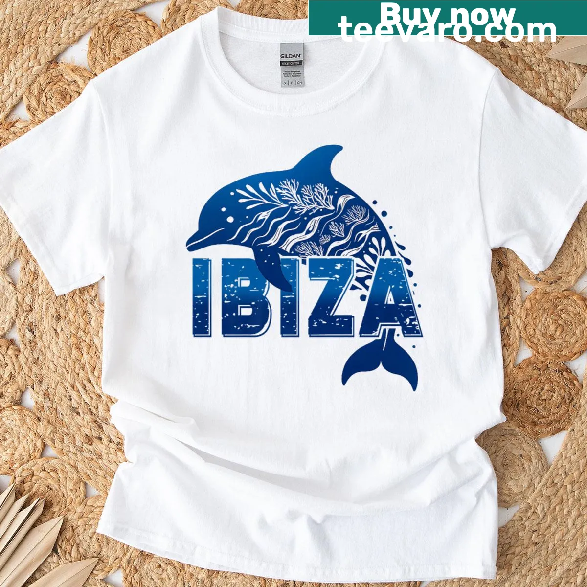 Illustration of a dolphin representing Ibiza and the Mediterranean — on a men's t-shirt