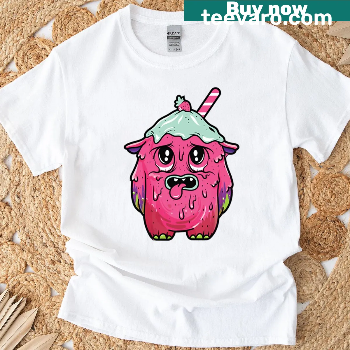 Cartoon Ice Cream Monster with colorful scoops graphic — on a men's t-shirt