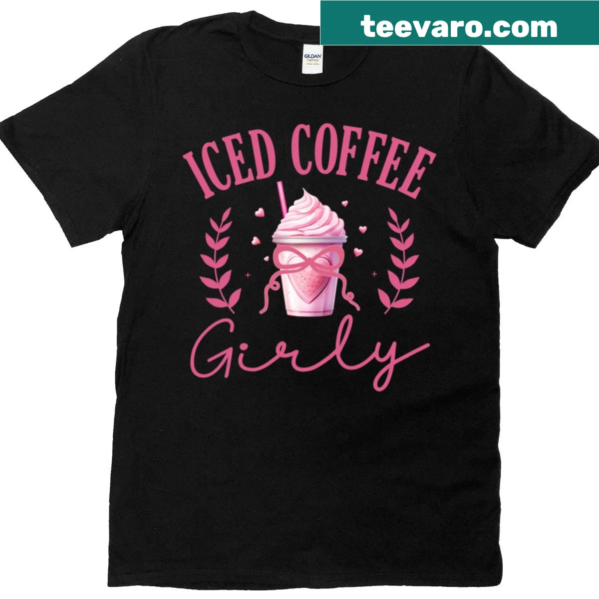 Cute iced coffee T-shirt with pink bow design — on a men's t-shirt