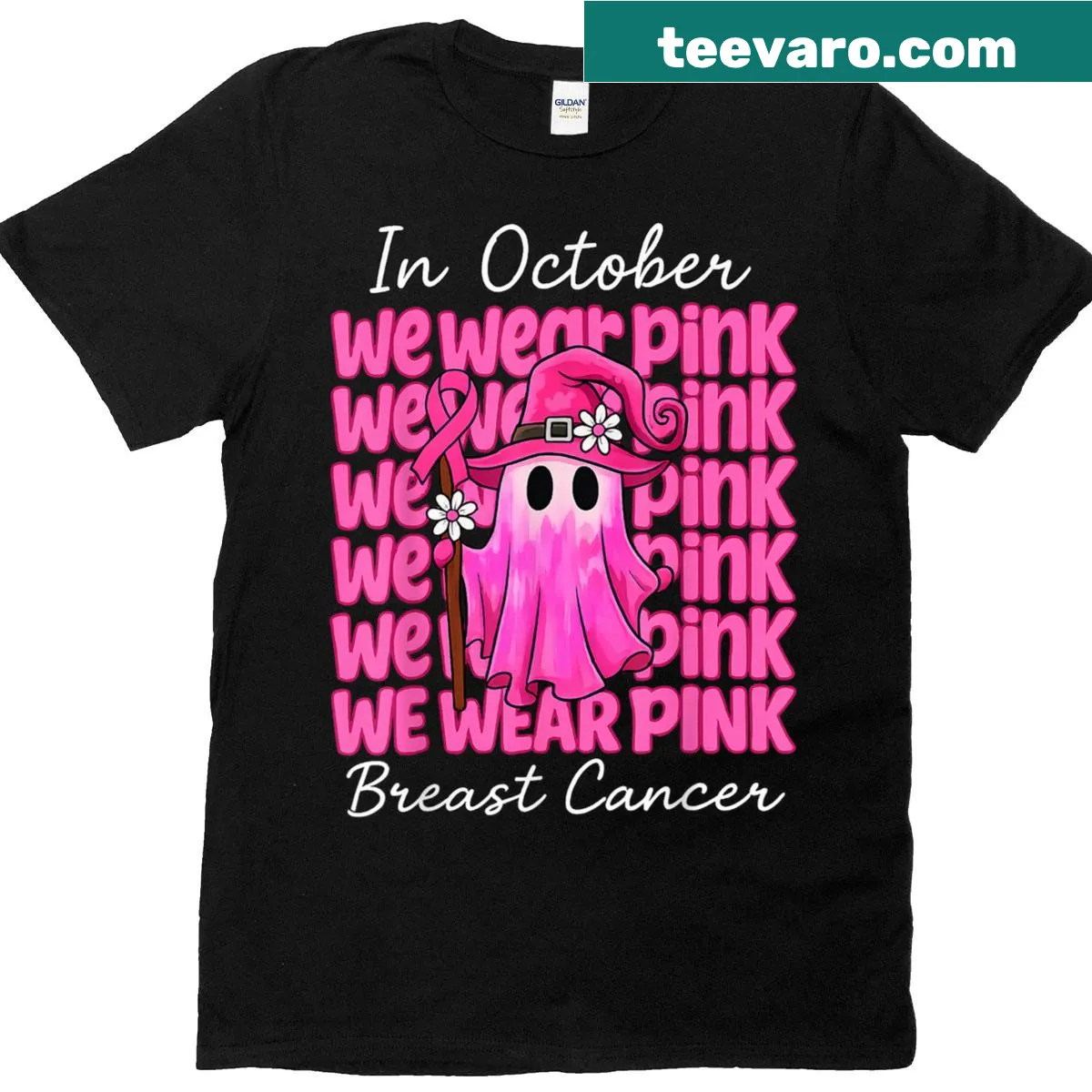 Halloween t-shirt with the phrase 'In October We Wear Pink' for awareness — on a men's t-shirt