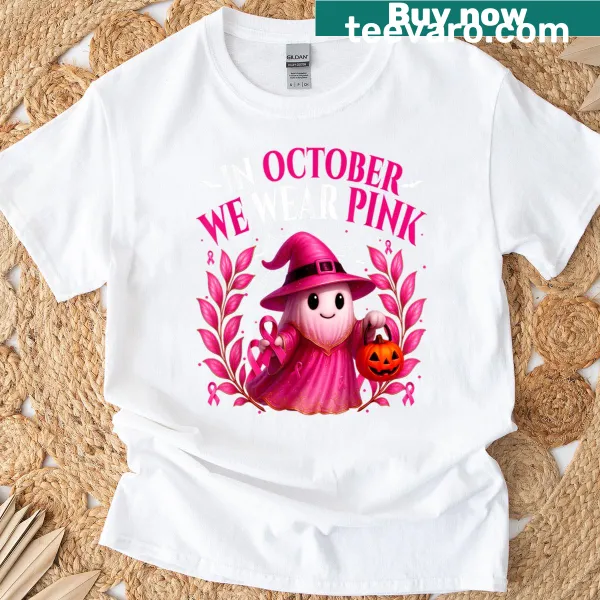 Halloween-themed shirt with pink ghosts for cancer awareness