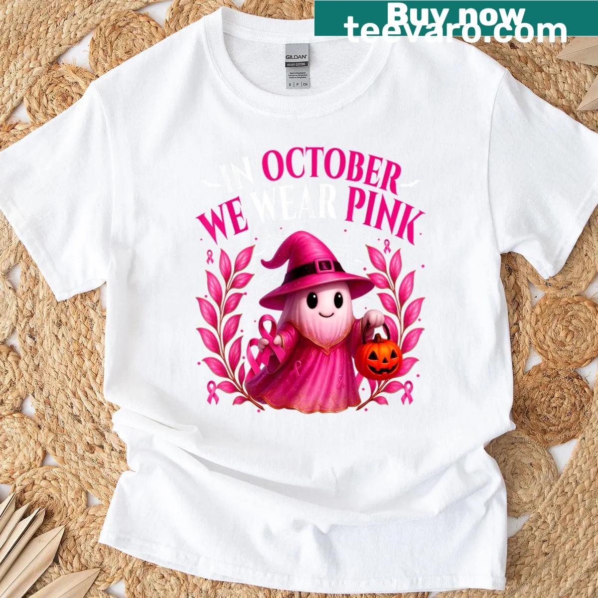 Halloween-themed shirt with pink ghosts for cancer awareness — on a men's t-shirt
