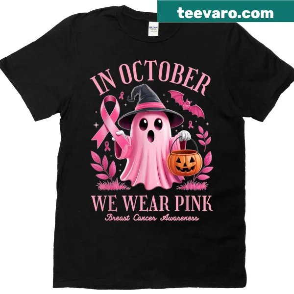 Cute pink ghost design promoting breast cancer awareness on a women's t-shirt