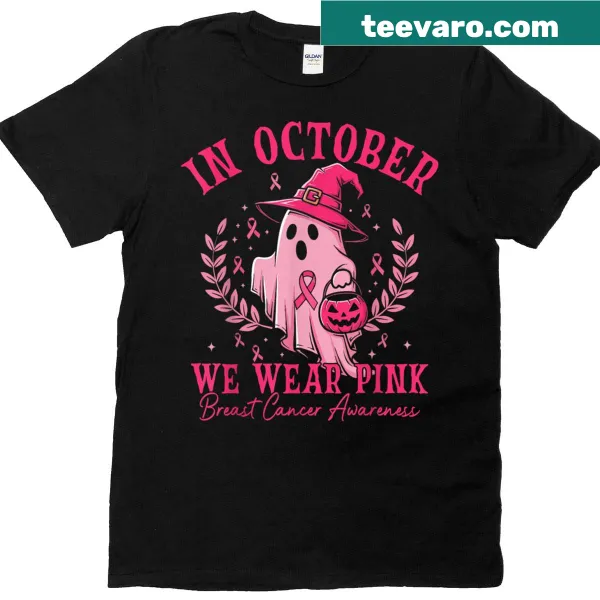 Whimsical Halloween design supporting breast cancer awareness on a women's t-shirt