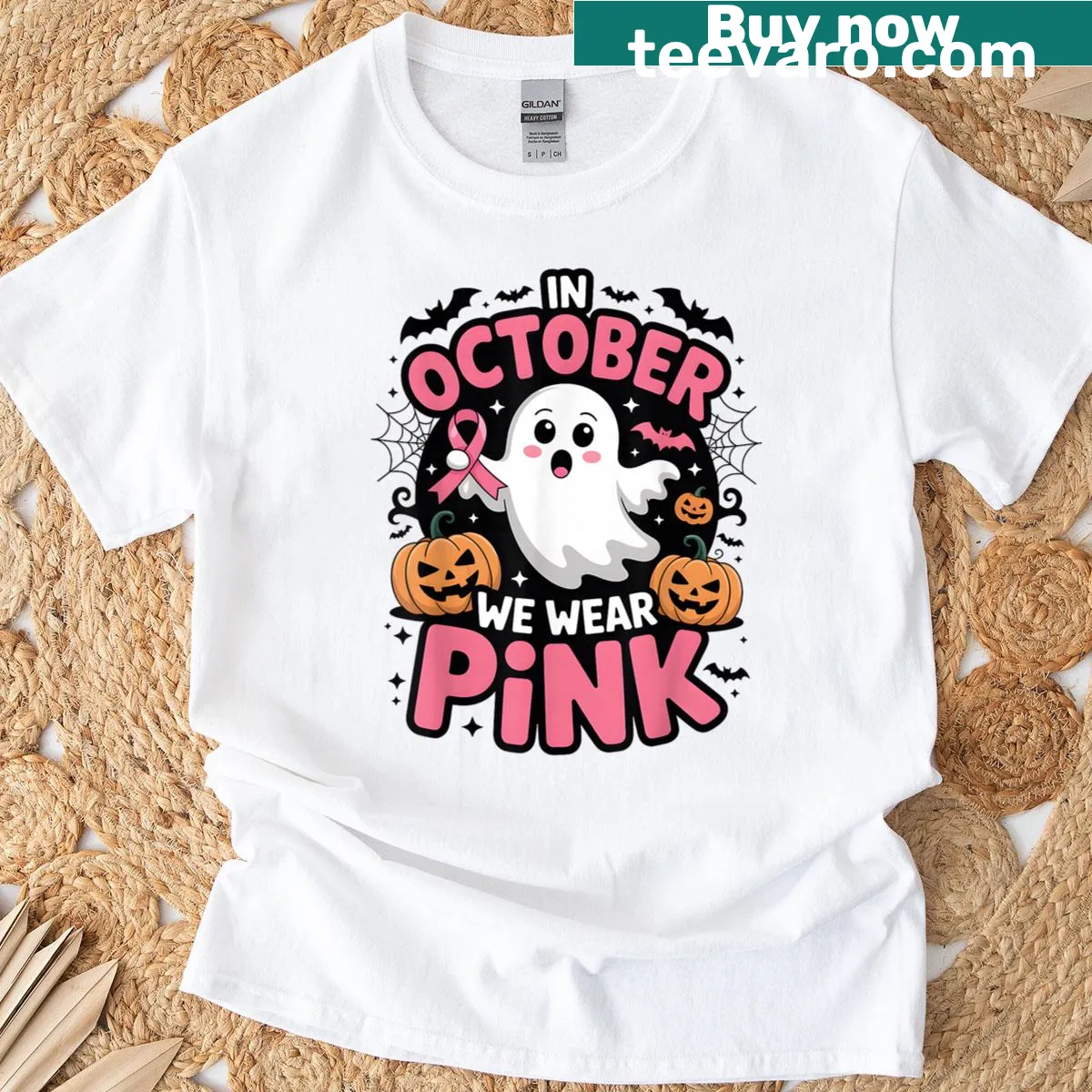 Halloween themed t-shirt with pink ghost and breast cancer awareness message — on a men's t-shirt