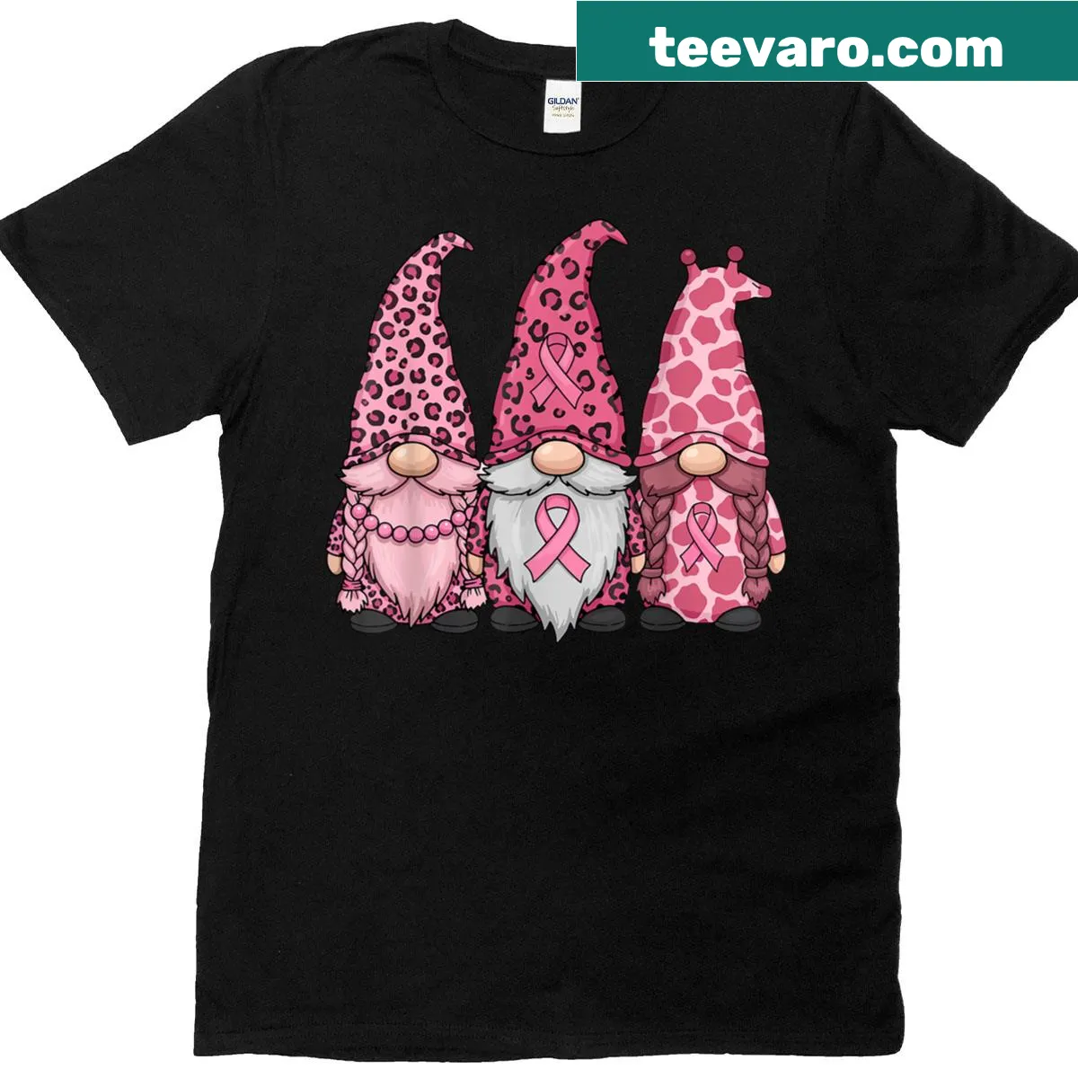 Gnome graphic with pink ribbon for breast cancer awareness T-shirt — on a men's t-shirt